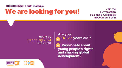  banner image with the criteria for potential participants of the ICPD30 global youth dialogue